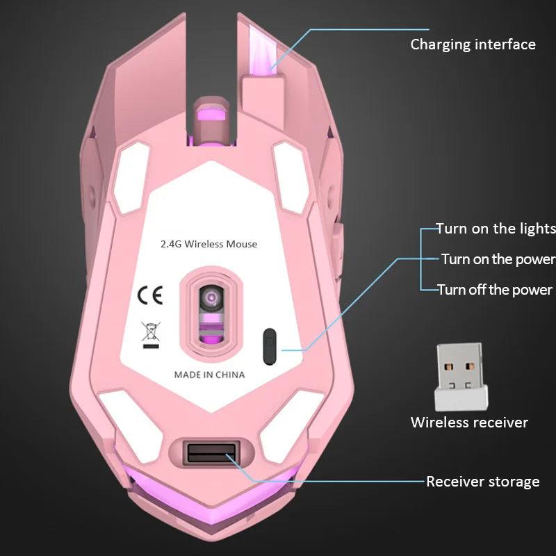 Wireless 2.4G Mouse Silent Light-emitting Rechargeable Gaming Mice 6 Buttons 3 Levels Of DPI Adjustable For  PC/Desktop/Laptops