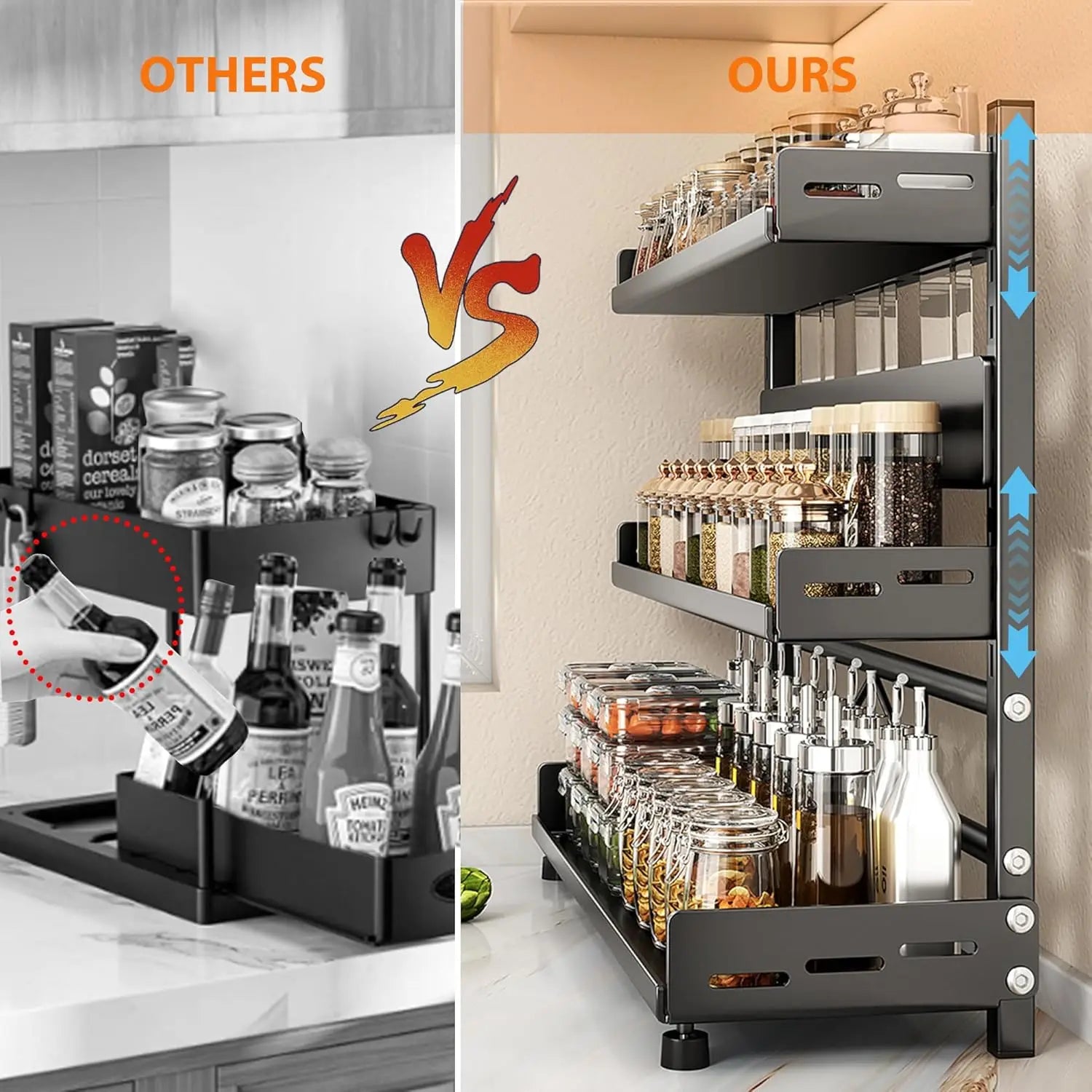 3 Tier Spice Storage Rack for Countertop Adjustable Spice Organization for Cabinet Kitchen Organizer Metal Shelf Black