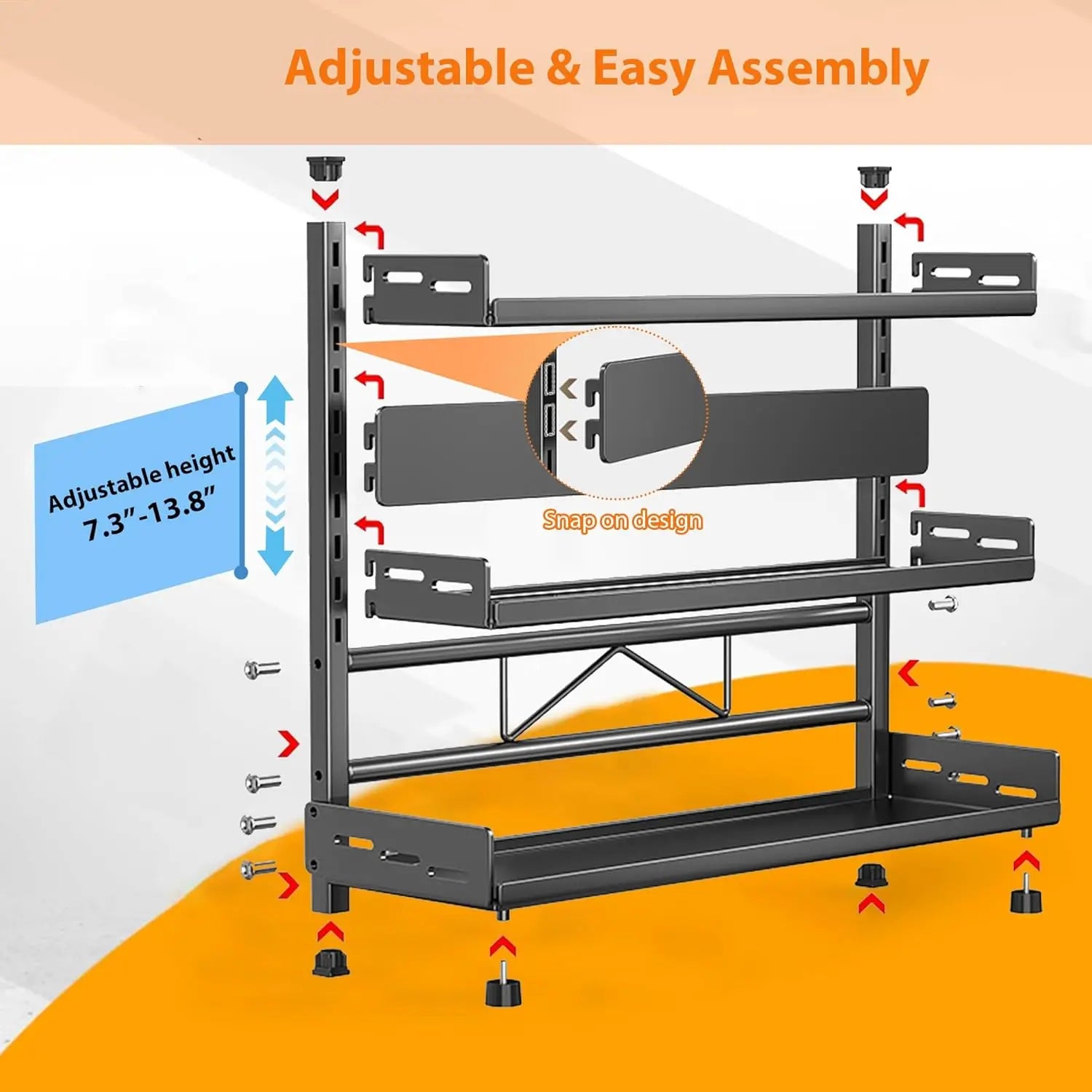 3 Tier Spice Storage Rack for Countertop Adjustable Spice Organization for Cabinet Kitchen Organizer Metal Shelf Black