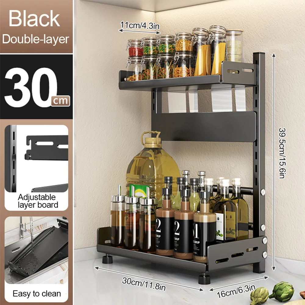 3 Tier Spice Storage Rack for Countertop Adjustable Spice Organization for Cabinet Kitchen Organizer Metal Shelf Black